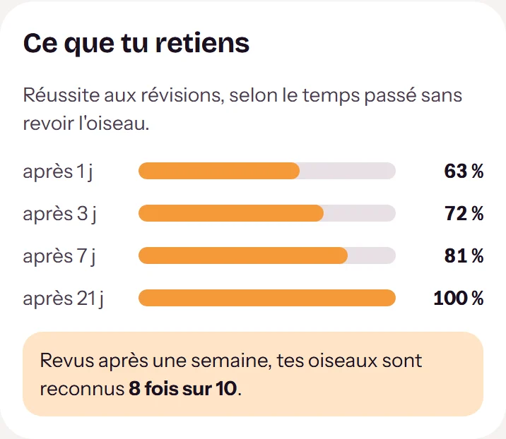 Extrait du bilan, « Ce que tu retiens » : 63 % de bonnes réponses sur les oiseaux revus après 1 jour, 72 % après 3 jours, 81 % après 7 jours et 100 % après 21 jours.